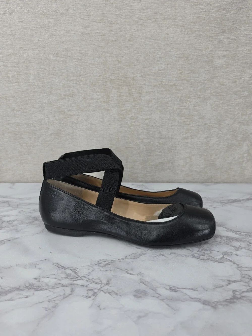 Jessica Simpson Mandalaye Leather Square-Toe Ballet Flats Elastic Ankle Straps